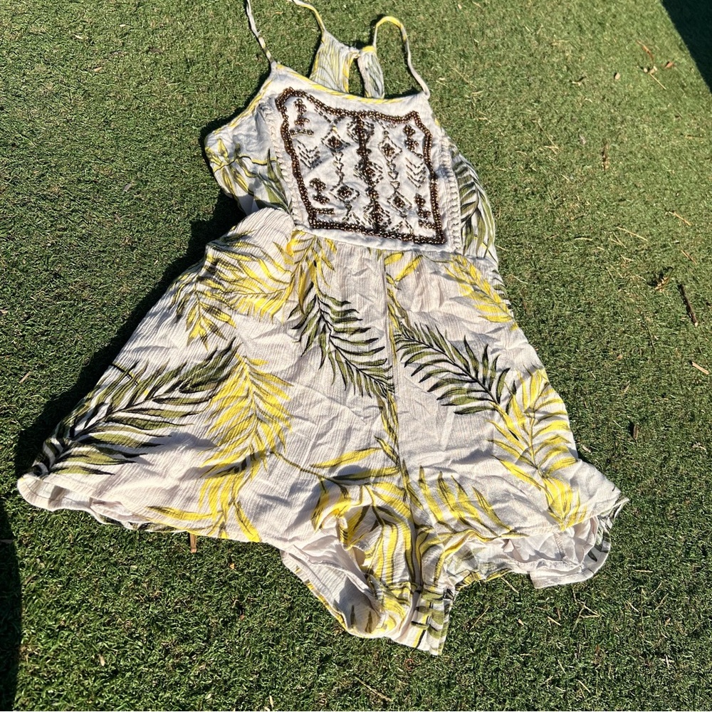 Altar'd State Cream and Yellow Leaf Print Romper botanical flowers embellished S - Picture 5 of 8